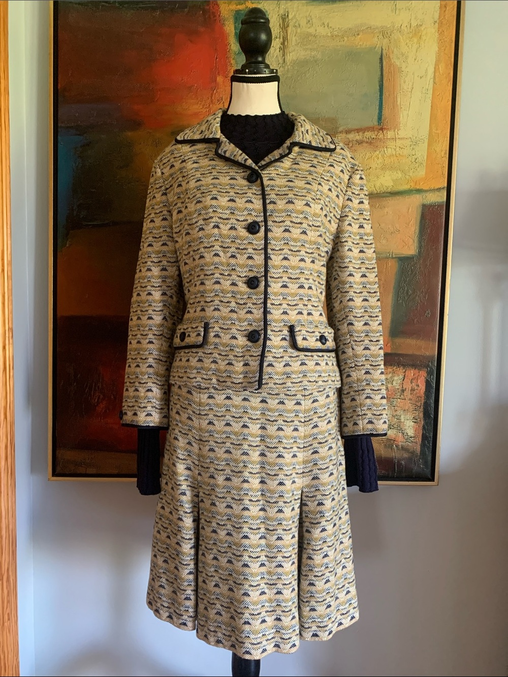 Vintage Mid Century Modern Chevron Tweed Two Piece Skirt Suit, Sz M